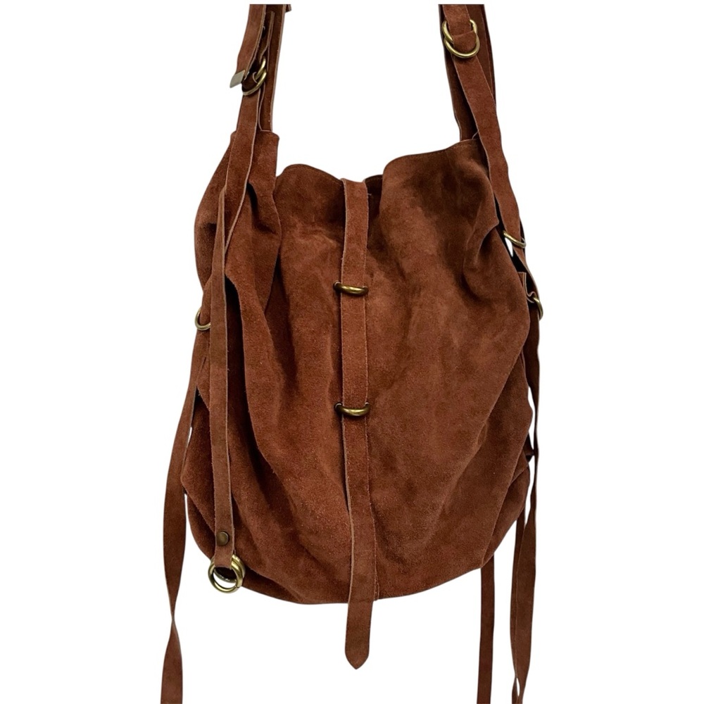 Free People Leather Suede Hobo Bag Brown Slouchy Fringe Western Boho